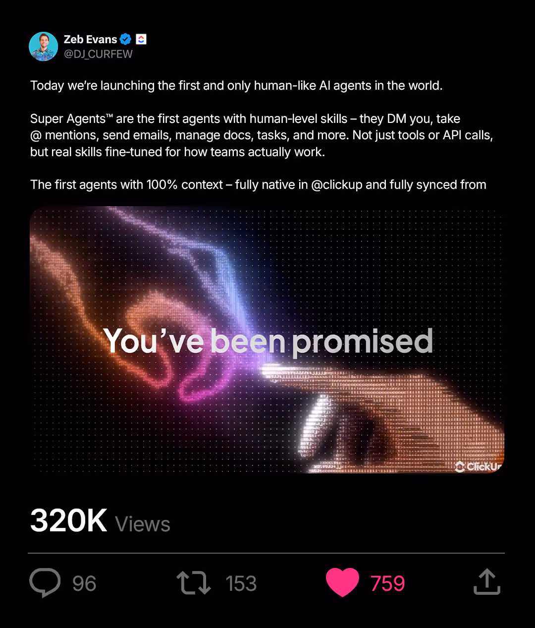 Tweet by Zeb Evans announcing human-like AI Super Agents with skills for team tasks and full ClickUp sync.